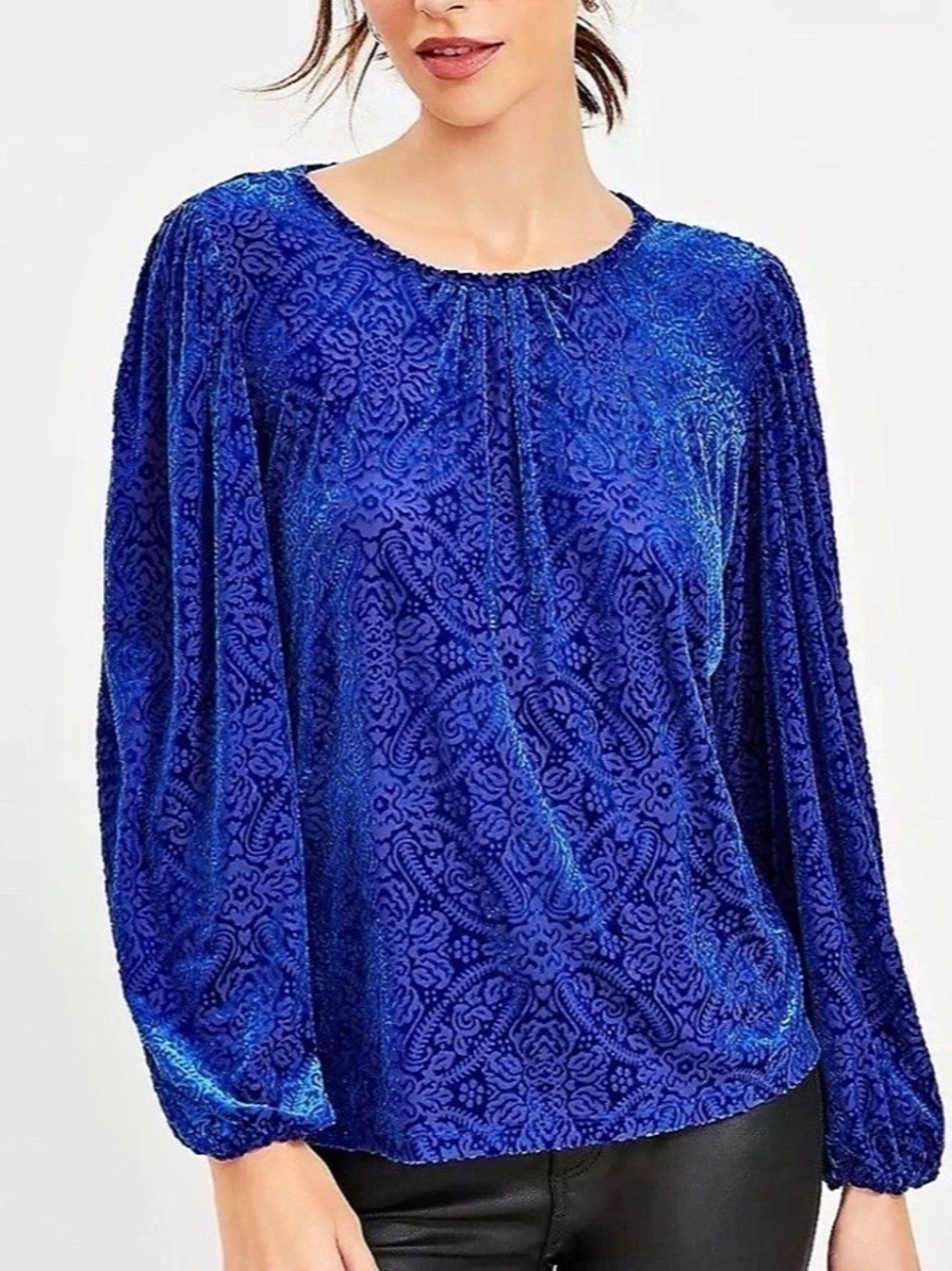 LOFT Blue Velvet Burnout Paisley Blouse Jewel Tone NWT Size Small